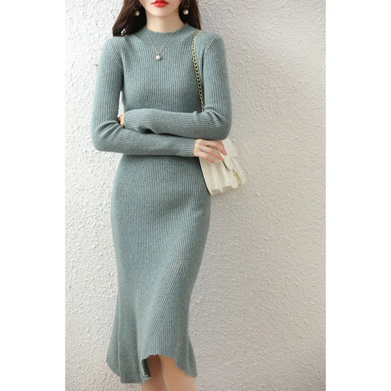 Cashmere Sweater Women's Knitted Dresses 100% Merino Wool O-Neck Elegant Party Dress Autumn Winter Female Pullover Casual Skirts