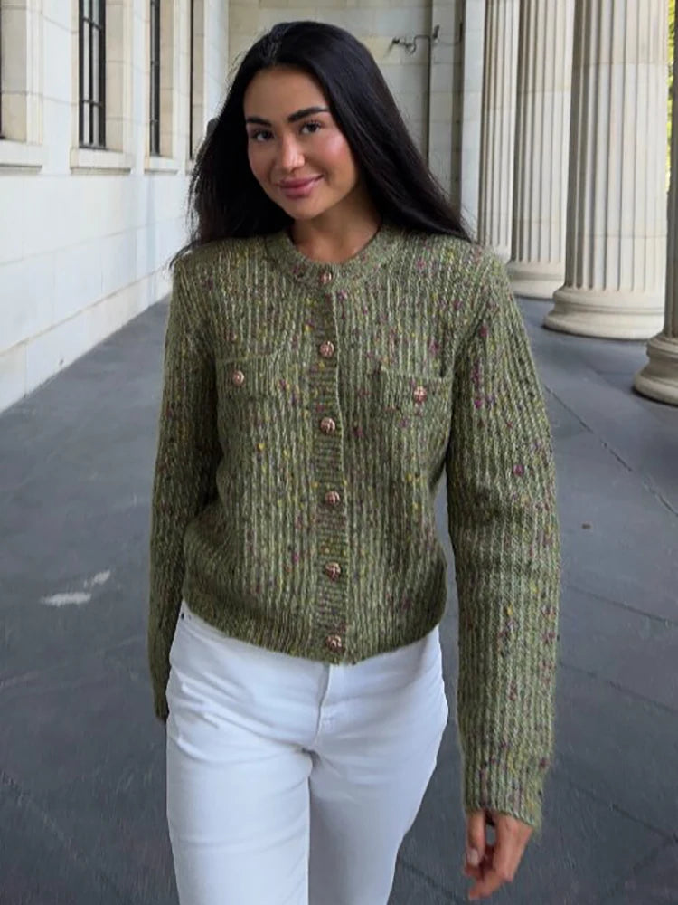 Women Cropped Knit Cardigan Speckled Round Neck Metal Button Front Long Sleeve Slim Fit Knit Jacket Casual Ladies Outerwear