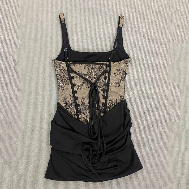 Imitation Town Lace Stitching Pleated Straight Skirt Female Thin Shoulder Strap 2026 Spring Summer Nightclub Sexy Party Dress