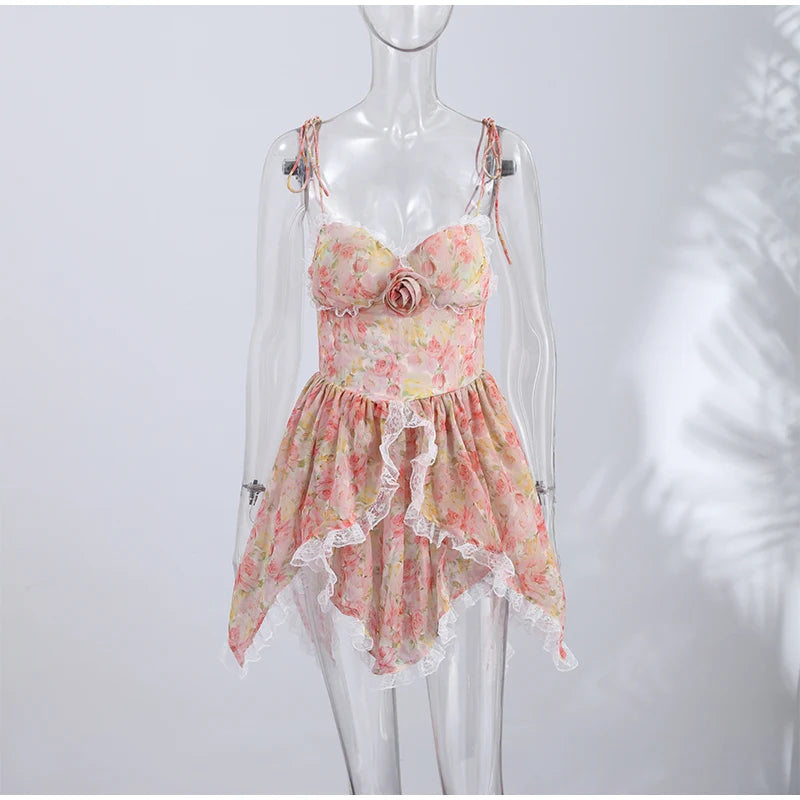 Sexy Print Spaghetti Strap Dresses Women's Sweet Sleeveless Backless Lace-up Puffy Mini Dress 2026 Summer Waist-cinching Gowns