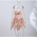 Sexy Print Spaghetti Strap Dresses Women's Sweet Sleeveless Backless Lace-up Puffy Mini Dress 2026 Summer Waist-cinching Gowns