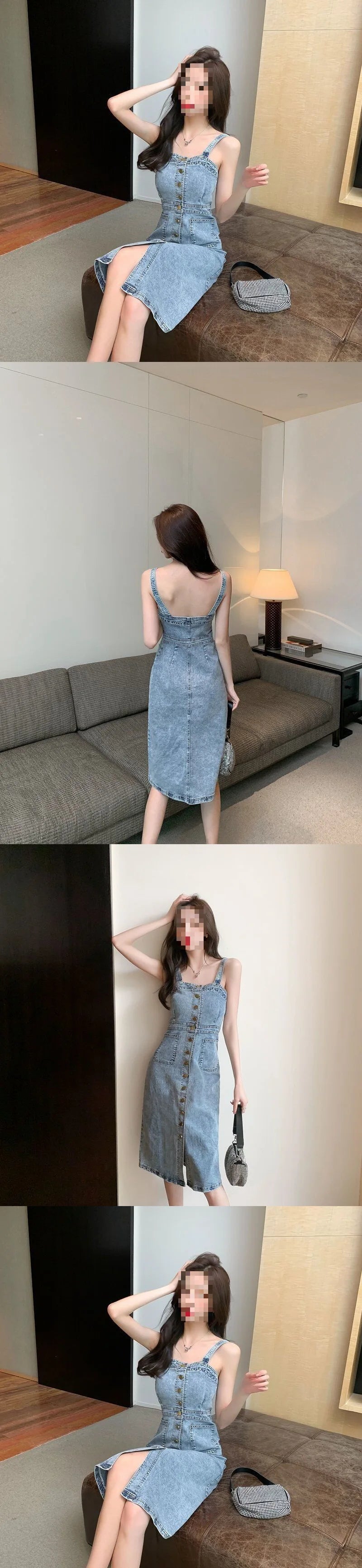 Denim Dress Sexy Style New Arrival Ins Strap Waist Single Breasted Stitching Female Bodycon Midi Dresses Female Vestidos