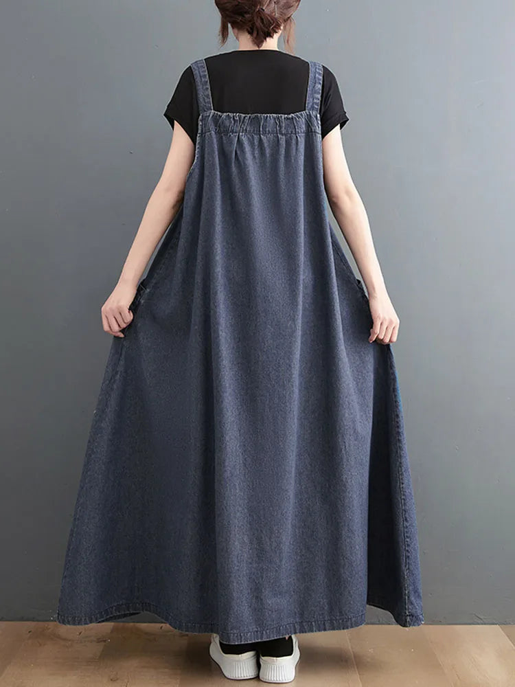 359 Spring Summer New Women Denim Suspender Long Skirt Loose Casual Punk Vintage Style Cargo Female Popular Large Swing Dress