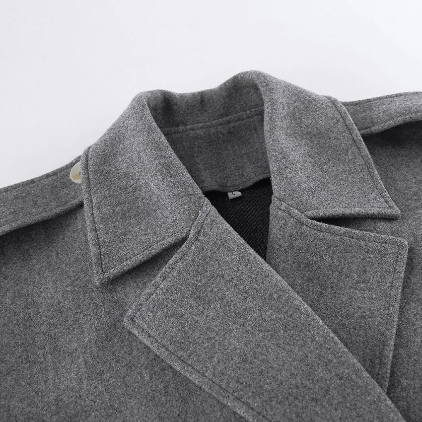 Gray Wool Blend Coat Notched Lapel Double Breasted Long Sleeve Cuff Detail Loose Mid-Length Women Commuter Woolen