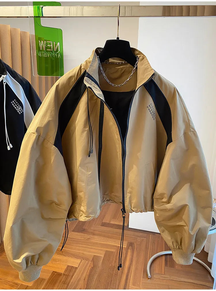 Women Double Zipper Stand Collar Jacket Patchwork Short Windbreaker Loose Casual Streetwear Female Spring Autumn Windproof Coat