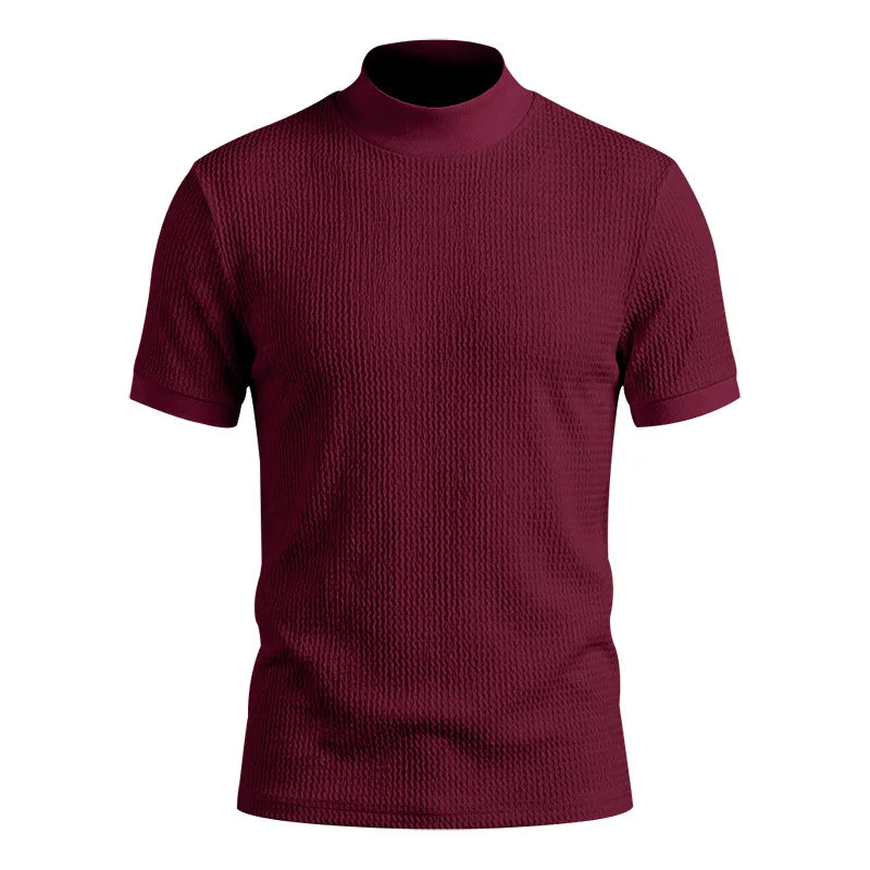 Men Summer Solid Jacquard Textured Mock Neck Short Sleeve T Shirt Slim Fit Simple Versatile Casual Daily Male Basic Tees