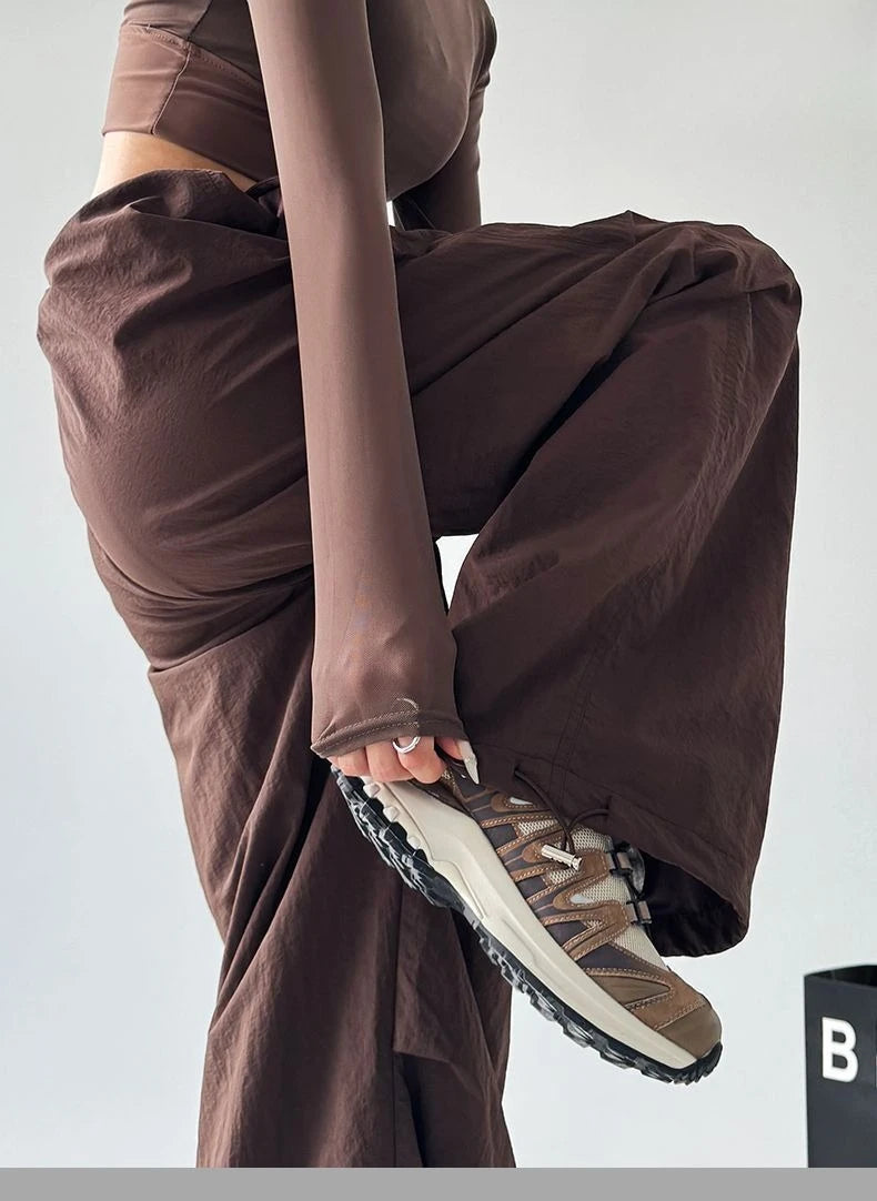 Women's Brown Parachute Pants 2026 Summer New Loose Straight Wide Leg Trousers Casual Quick Dry Cargo Pants Streetwear