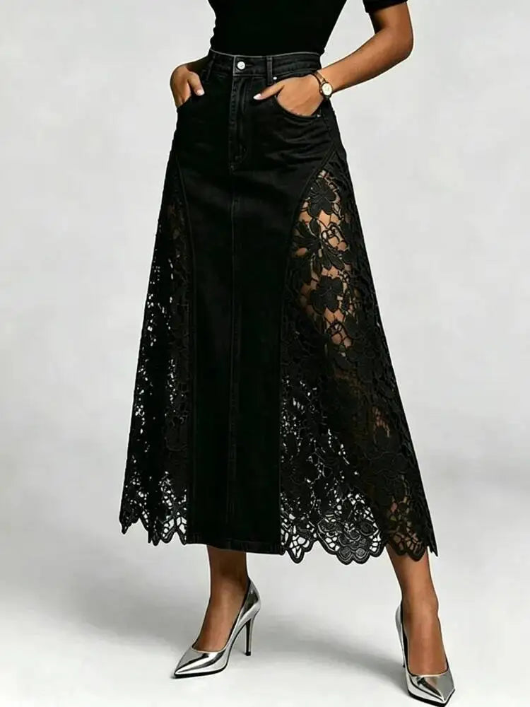 SHENGPALAE Women Denim Midi Skirt High Waist Bodycon Washed Lace Splicing Elegant Casual Floral Hollow Summer 2026 New 05E03125