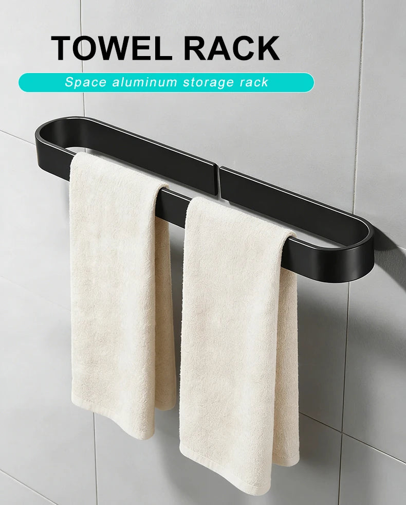 Self-adhesive Black Bath Towel Holder Bathroom Towel Rack No Punch Towel Rail Rack Towel Holder Bath Storage Shelf ML65B