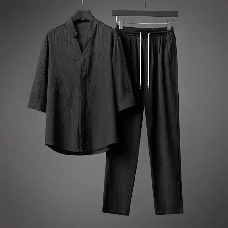 2026 Men's Two Piece Pant Sets Spring Summer Short Sleeve Shirt And Pants Outfits For Men Solid Cotton Linen Clothing Sets Male