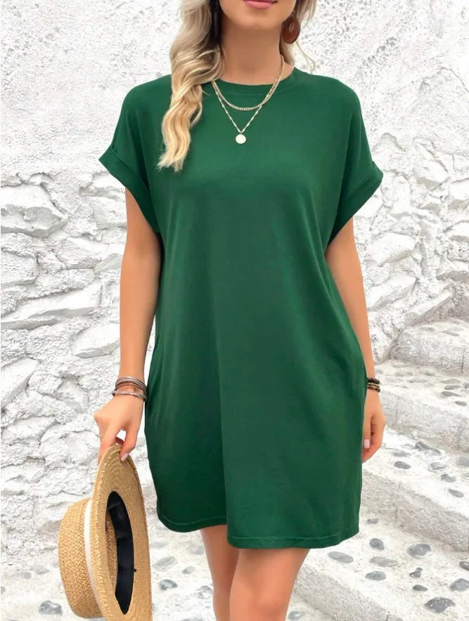 New women's spring and summer fashionable temperament casual commuting solid color round neck loose short sleeved pocket dress