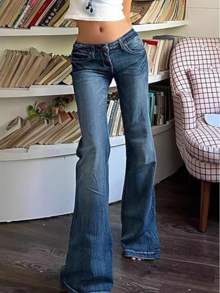 Women Washed Jeans Flare Pants Denim Mid Waist Slim Fit Pockets Button Solid Vintage Full Length Casual Denims Trousers