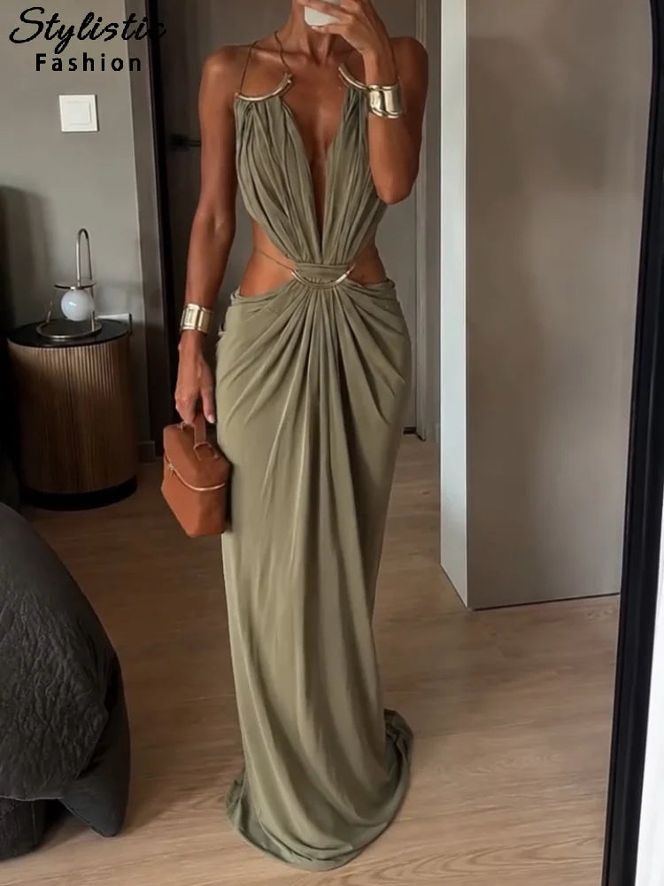 Sexy Hallow Out Long Party Dress Women Slim Sleeveless Backless Chic Pleated V-neck Ring Dresses Female 2026 Summer Lady Robe