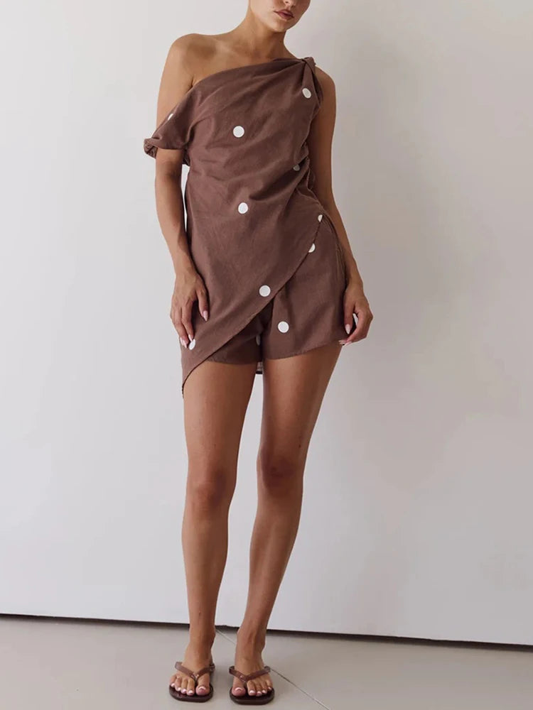 Fashion Pattern Printed Loose Beach Suit Irregular Holiday Set Ladies Diagonal Collared Sleeveless Top with Shorts Summer Outfit