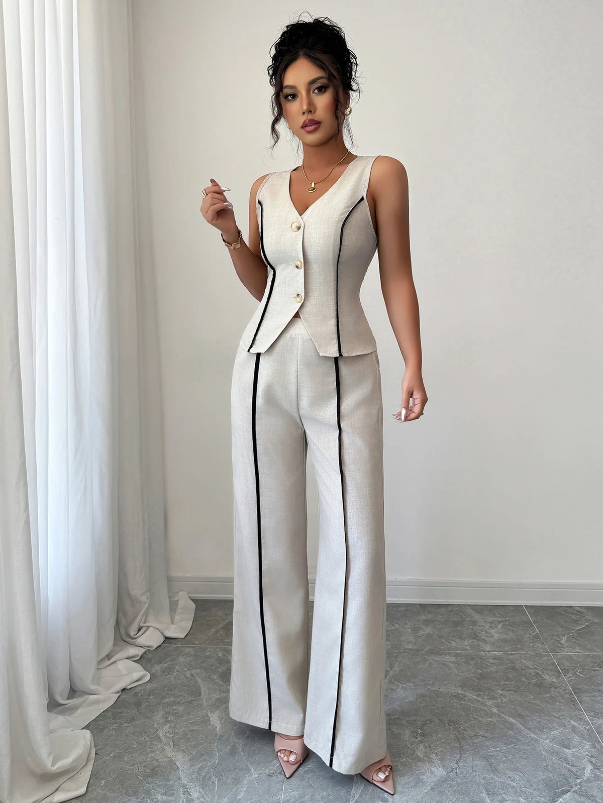 Elegant V-neck High-waisted Color-block Sleeveless Women's Suit For Spring/summer 2026 Dress Elegant Lace Maxi Beach