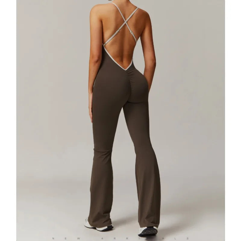 Summer V Back One-piece Suit Women Sports Jumpsuit  Yoga Rompers Backless Sportswear Women Sleeveles Workout Bodysuits