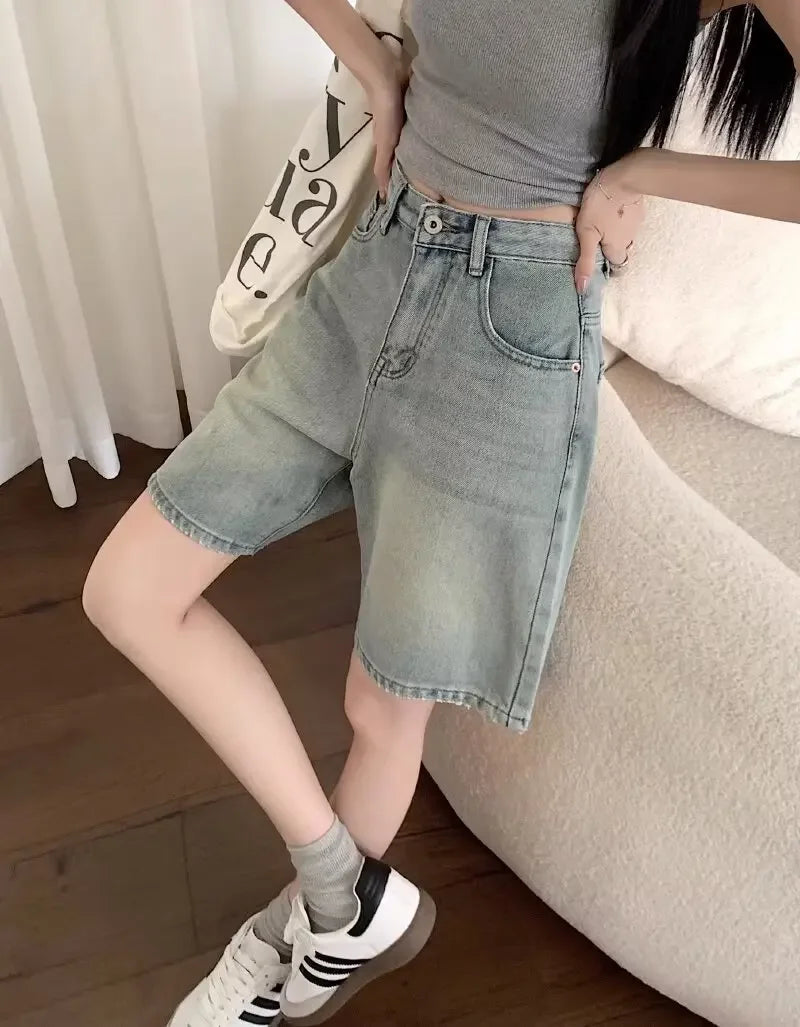 Summer High Waist Retro Jean Shorts for Women Loose Straight Denim Fashion Versatile Leisure Shorts Women's 2026