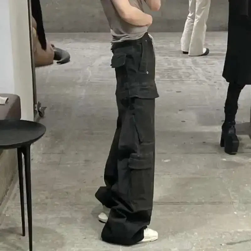 High Street Drawstring Zipper Sliced Wide Leg Cargo Pants Msn's Casual Loose Straight Trousers Loose Denim Pants