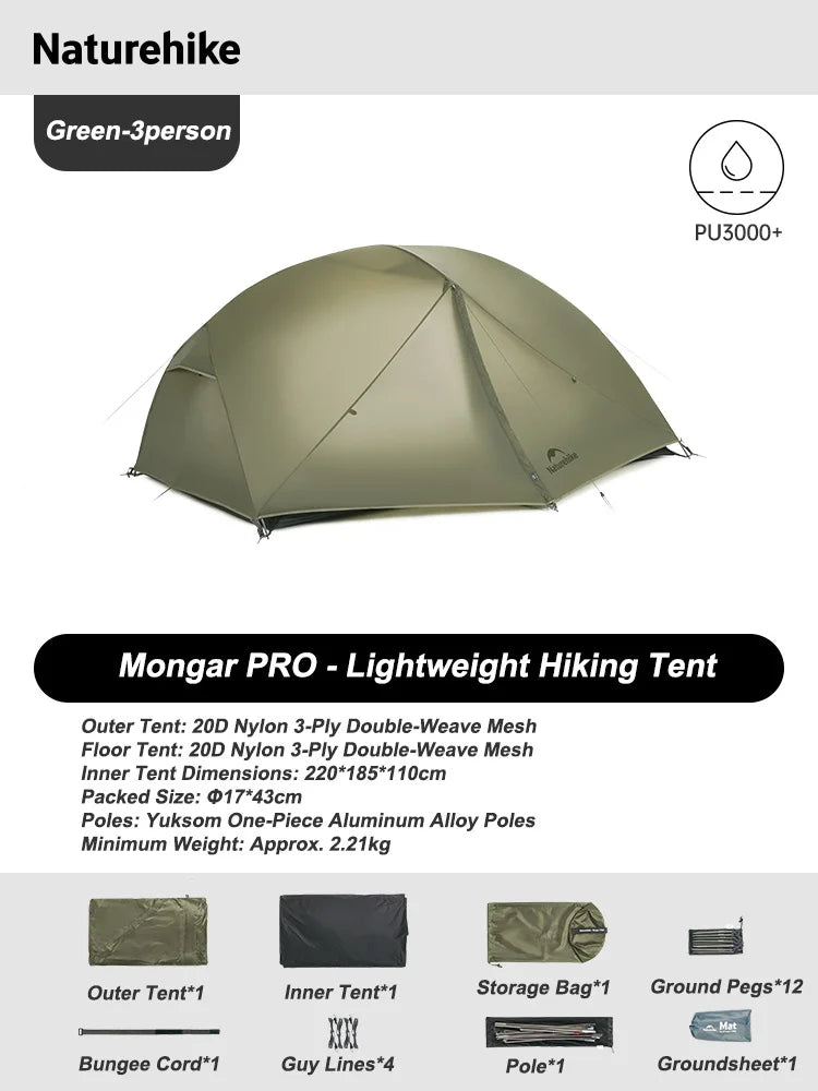 Naturehike Mongar Tent Camping Tent 2 Person Ultralight Professional Waterproof & Windproof Backpack Tent 20D Nylon Travel Tent