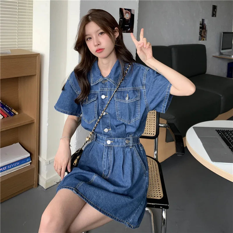 Women Vintage Denim Shirt Dress High Waist A-line Jean Mini Dress for Ladies Retro Y2K Streetwear Dresses for Women Party Outfit