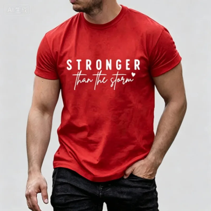 Inspirational Men  T‑Shirt, Slim  Crew Neck Tee, STRONGER than the storm Lettering Print Positive Mind Casual Short Sleeve Top