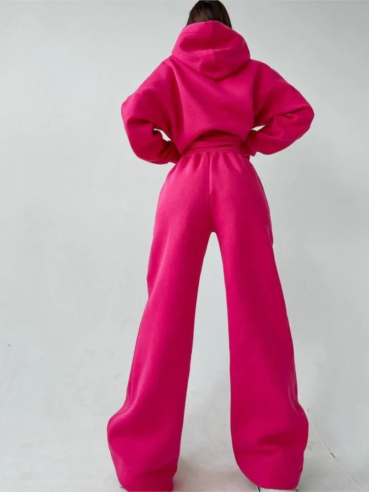 Woman's Solid Color Hooded Sweatshirt Pant Two-piece Set Fashion Long Sleeves Pocket Pullovers Pants Suits Ladies Loose Outfit
