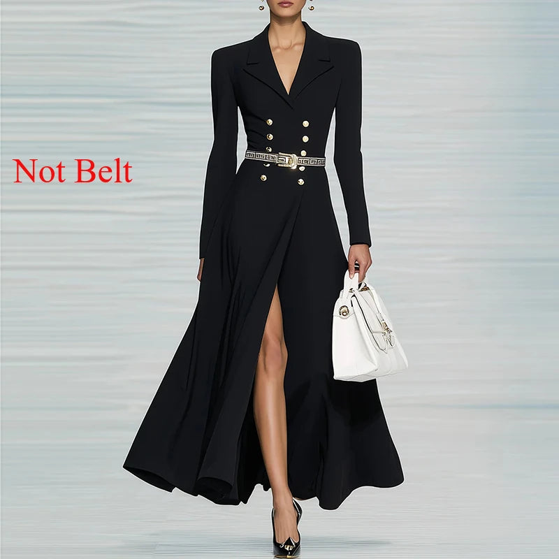 Modigirl 2025 Fall Spring Women’s Simple Black Maxi Dresses V-neck Formal Office Urban Winter Buttoned Dresses for Woman