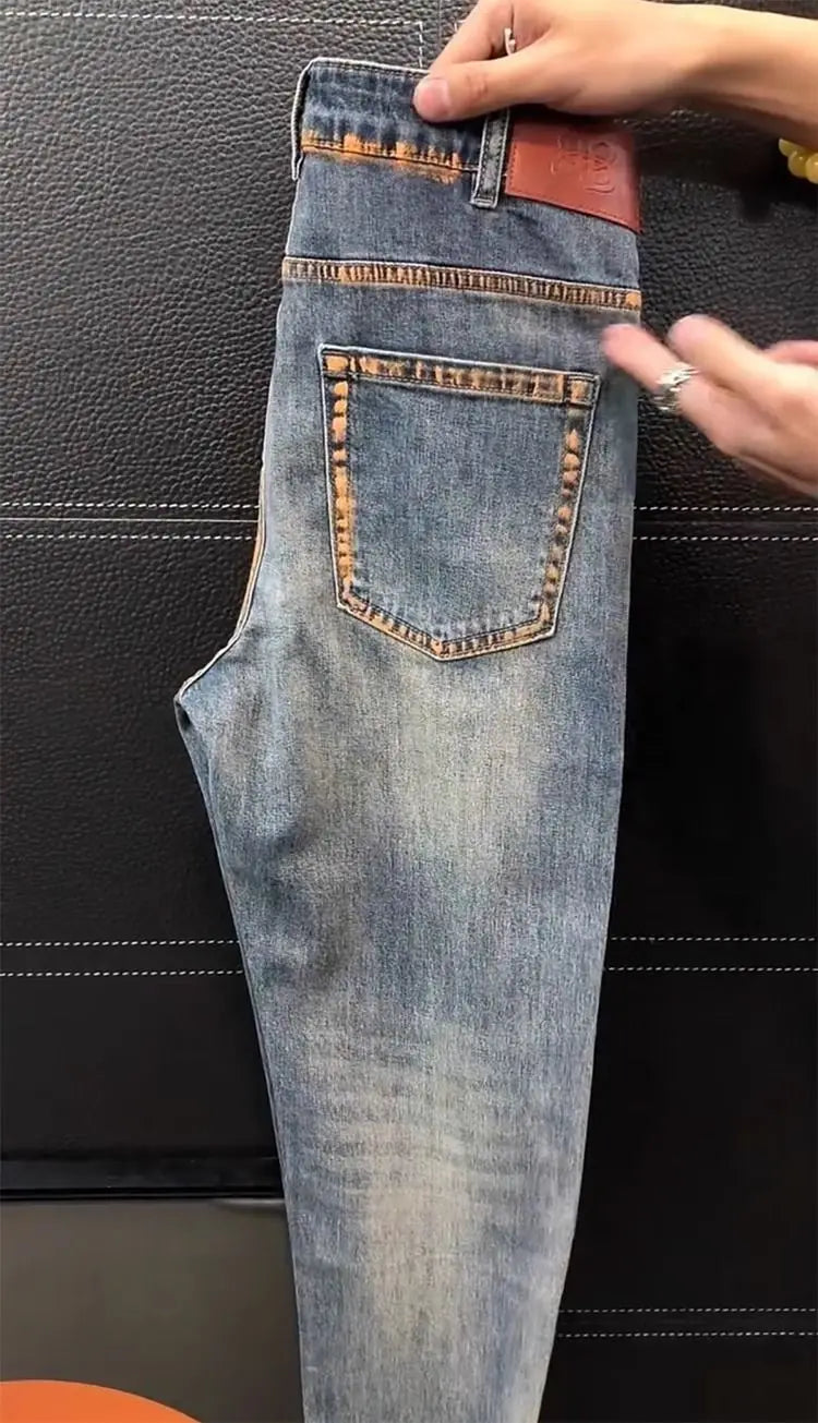High-quality Jeans Men Italy Luxury Washed Blue Jeans Men's Summer New Business Trend Slim-fit Elastic Trousers Cowboy Pants Man