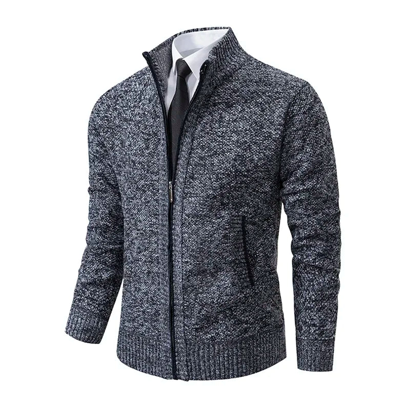 2025 Autumn and Winter New Jersey Men's Casual Sports Coat Solid Color Stand Collar Sweater Grab Fleece Warm Zipper Cardigan