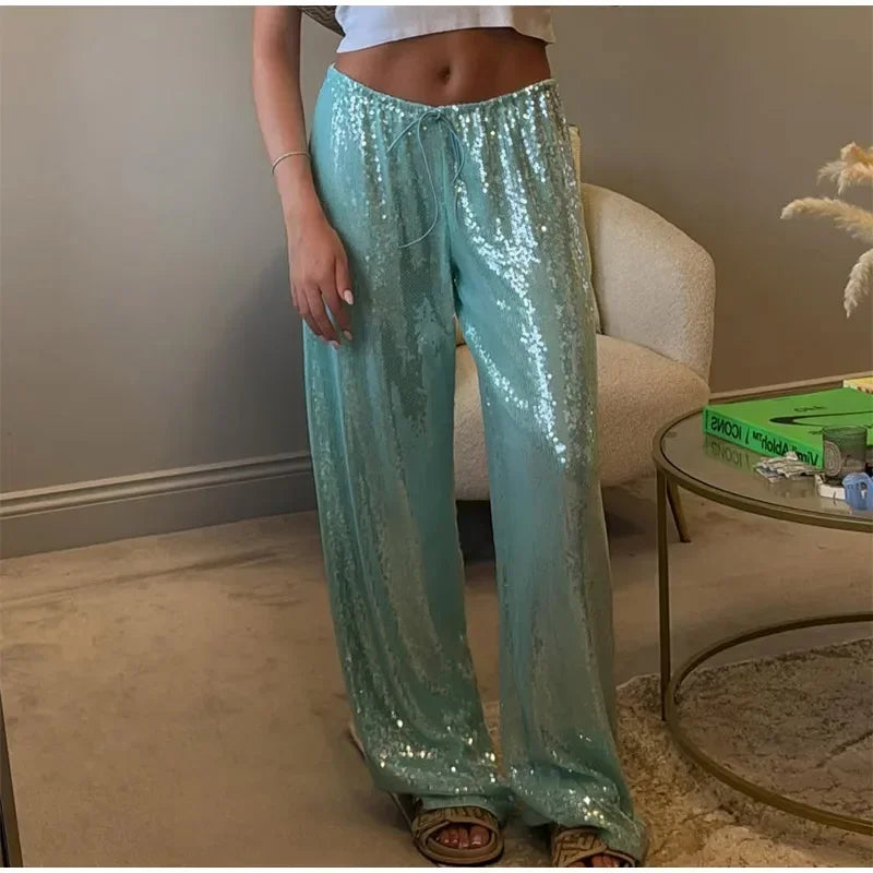 Solid Sequin Elastic Waist Pants Women Loose Fashion Lace Up Wide Leg Trousers Female 2026 Spring Summer Chic Streetwears Outfit