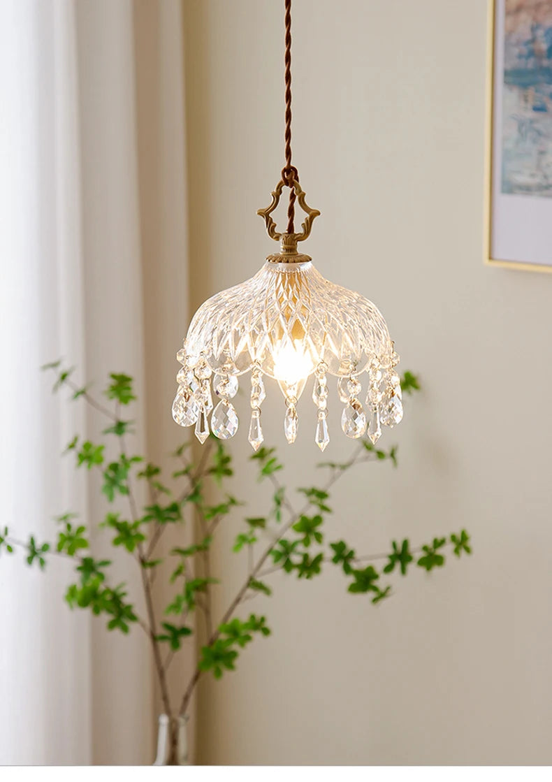 YEBMLP French Retro Glass Hanging Light Indoor LED Luxury Art Chandelier Bedroom Bar Restaurant Table Pendant Lamp With E14 Bulb