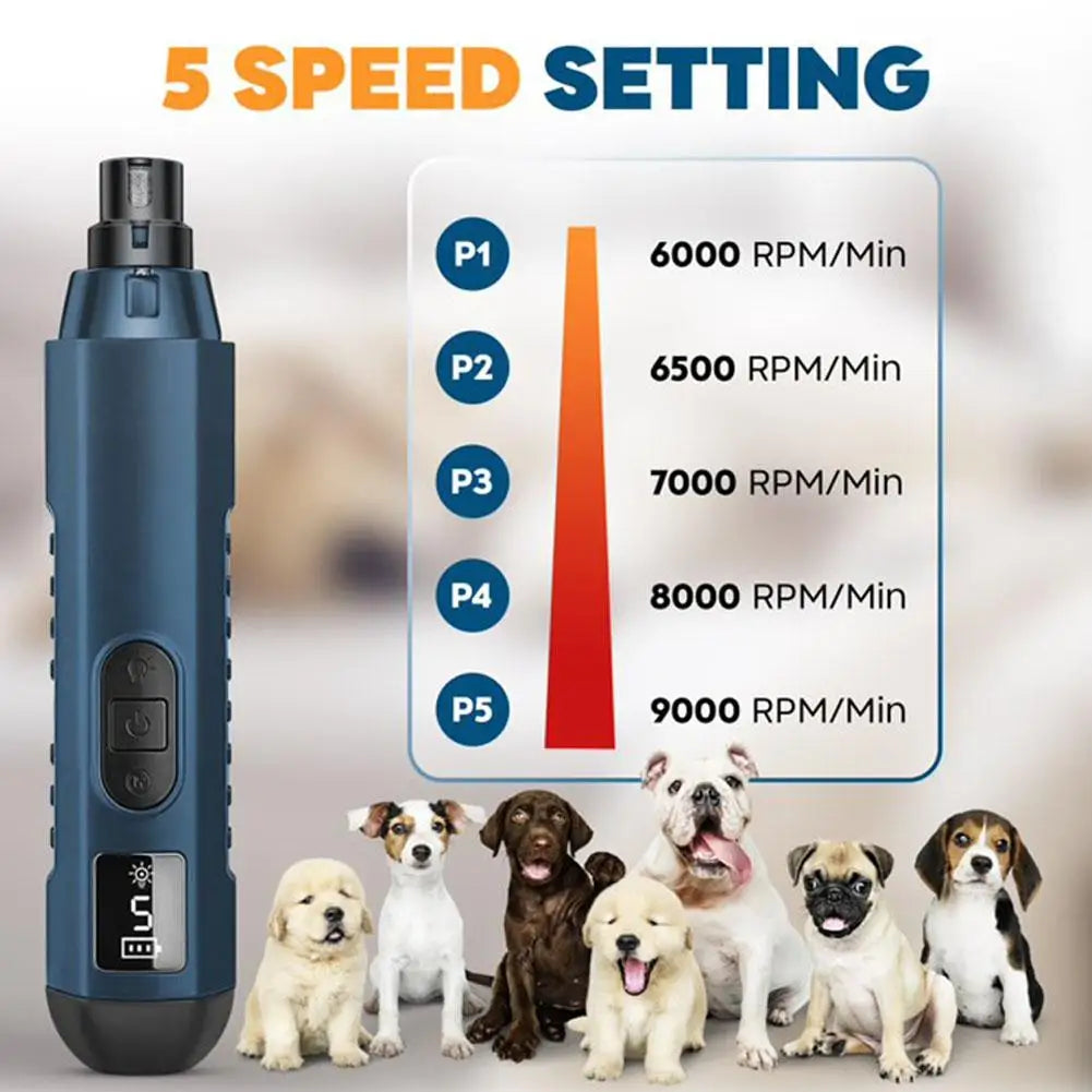 Electric Pet Nail Grinder 5 Speed, Low Noise, Rechargeable For Dogs & Cats, Professional Pet Nail Trimmer Grooming Tool