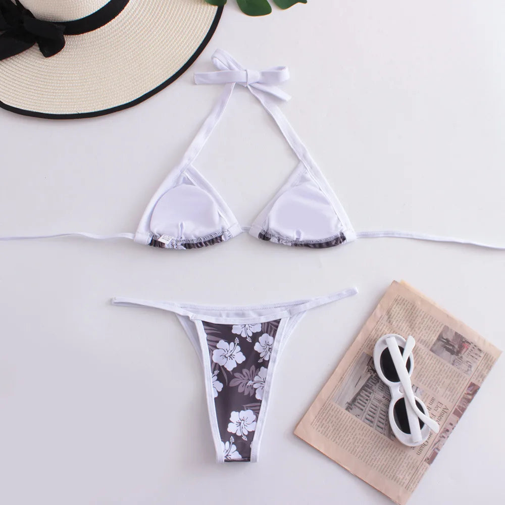 Sexy Bikini Swimsuit Digital Print Two-Piece Women's Triangle Soft Pack Swimwear Trendy Floral Pattern without Shoulder Straps