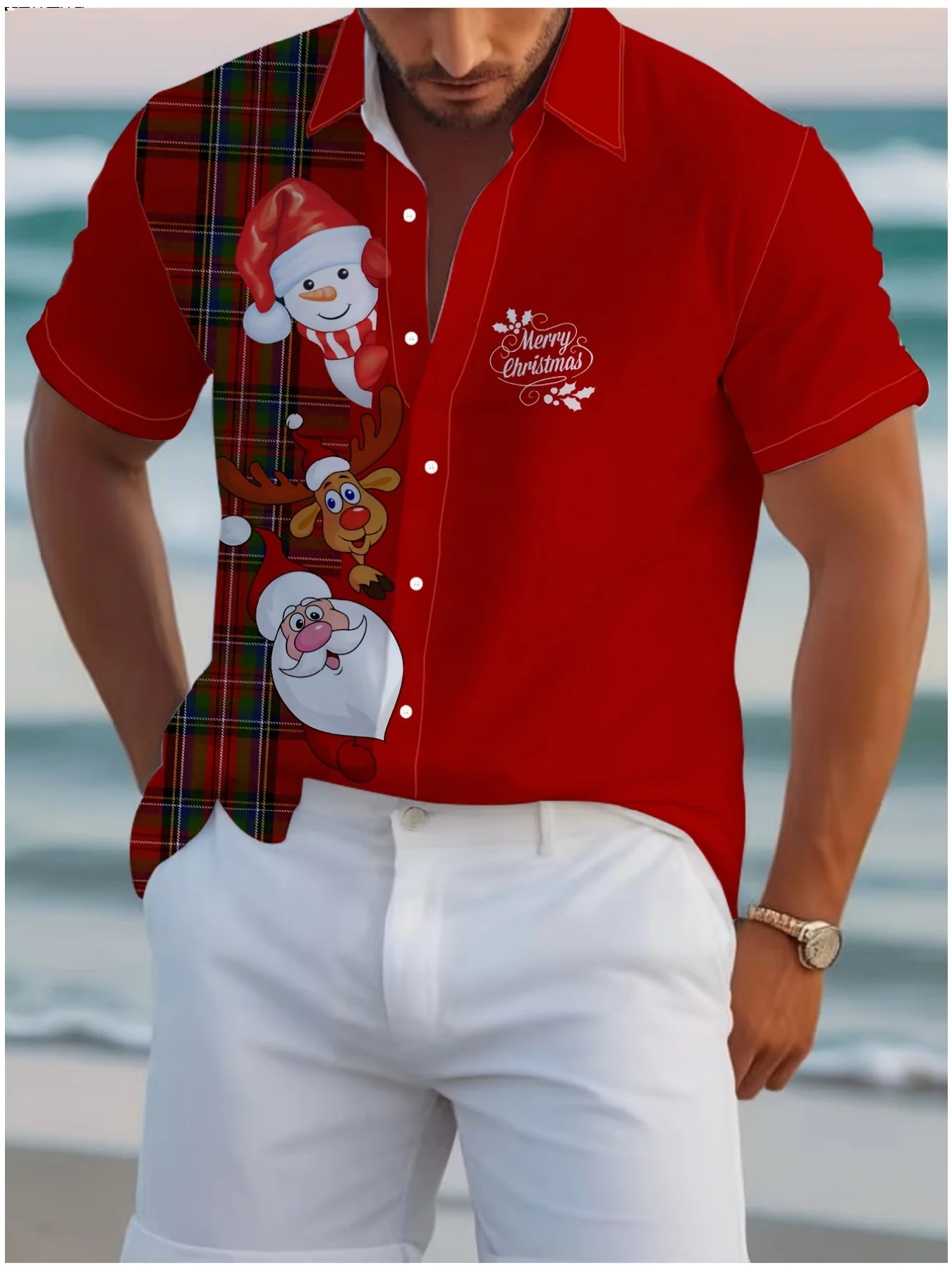 Men's Comic Christmas Graphic Hawaiian Shirt Men Women Fashion Santa Claus Shirt Short Sleeve Blouse Festive Holiday Clothing