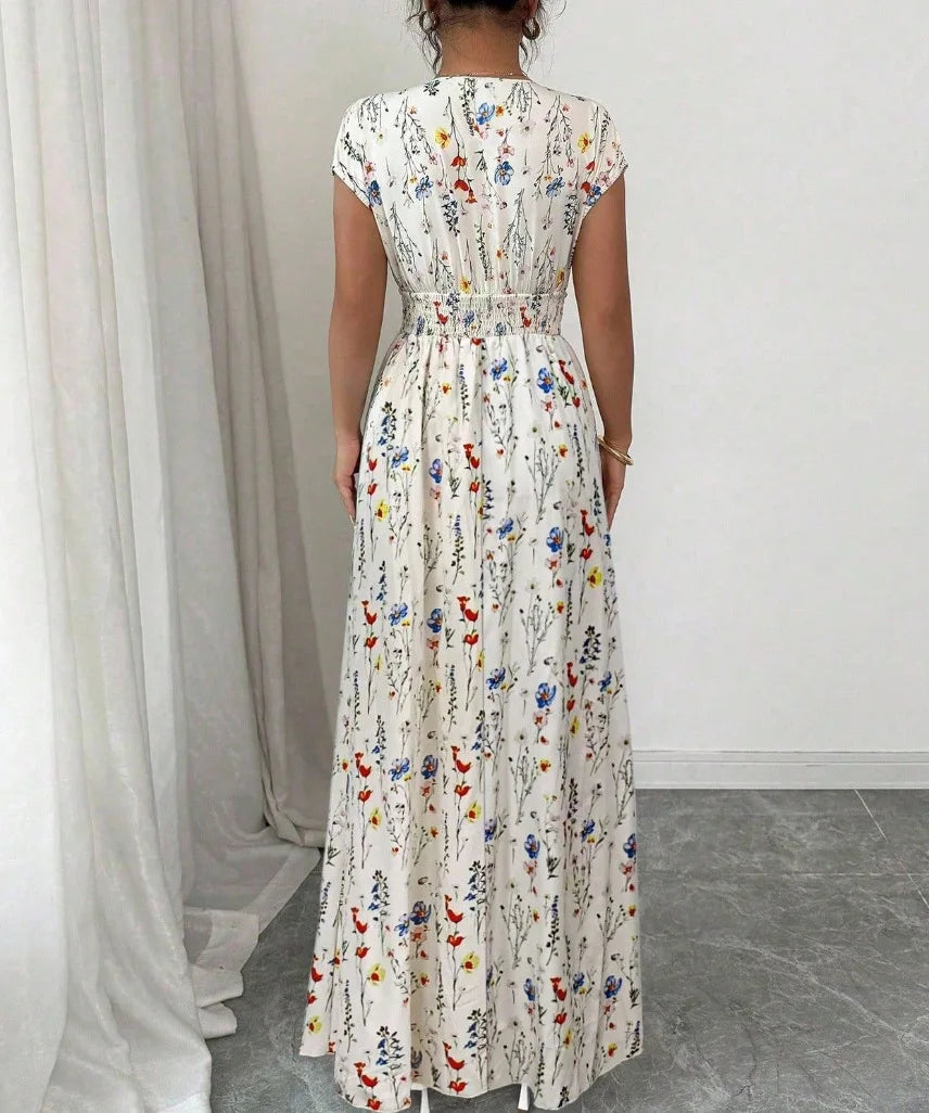 2026 Women's New Fashion Casual Daily Comfortable Elegant Lace-up Floral Print V-neck Short Sleeve Waist Women's Long Dress