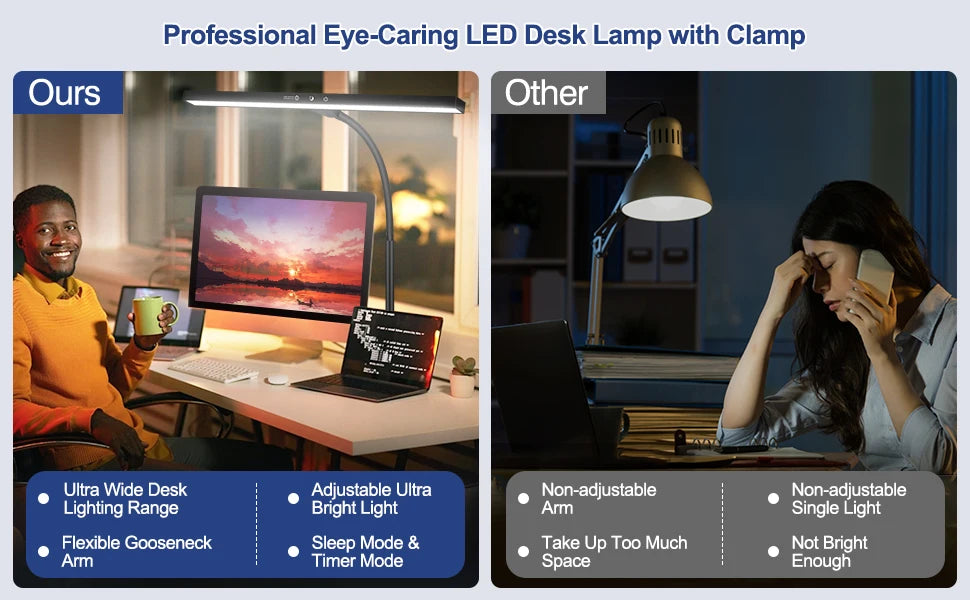 NEWACALOX EU/US 12V 24W Touch Control Desk Lamp with Clamp 360° Adjustable Gooseneck 3 Colors Table Light for Home Office Study