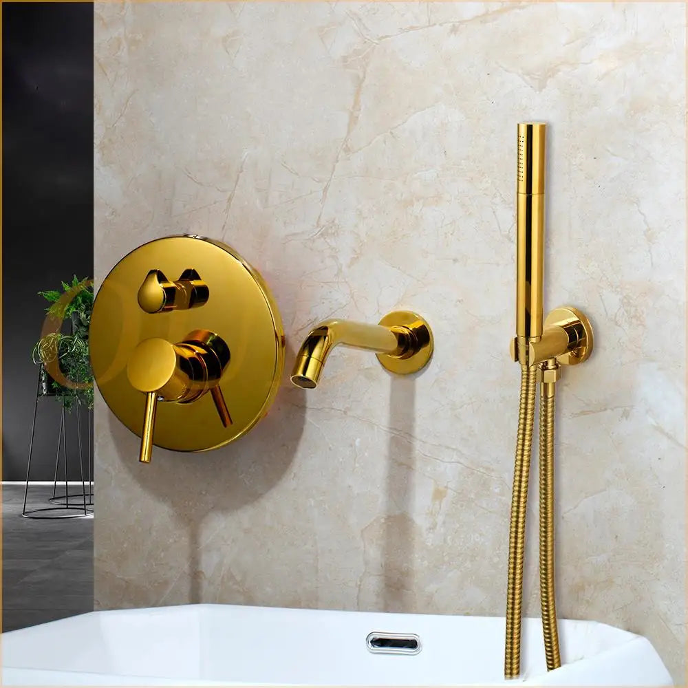 OUBONI Brush Gold Bathroom Shower Systerm Bathtub Faucet Wall Mount Golden Plated 2 Ways athtub Mixer Shower Set Mixer Tap