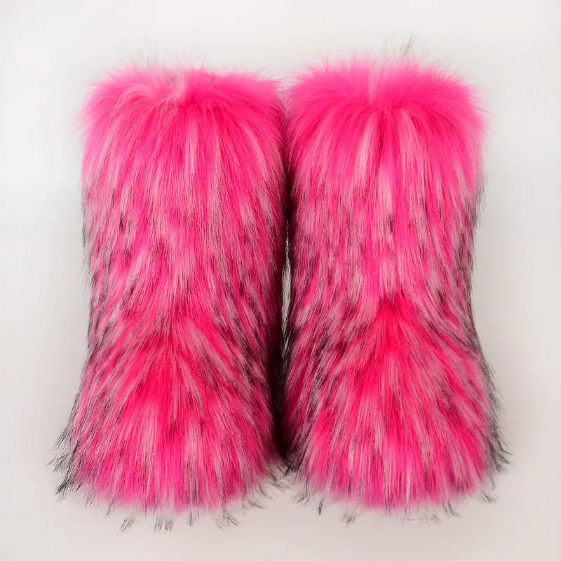 Women's Winter Snow Boots Outdoor Luxury Furry Faux Fox Fur Boots Woman Plush Warm Platform Shoes New Fashion Bottes Big Size 46
