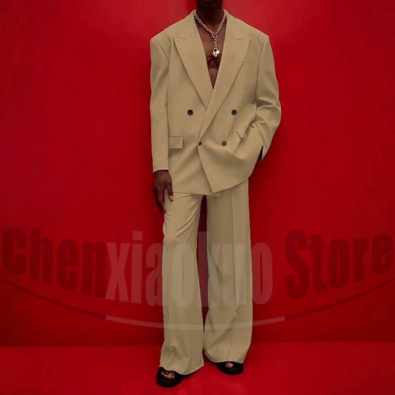 Men's Double Breasted Suit Set Oversized Blazer and Wide-Leg Trousers Fashion Casual Formal Outfits for Streetwear Party