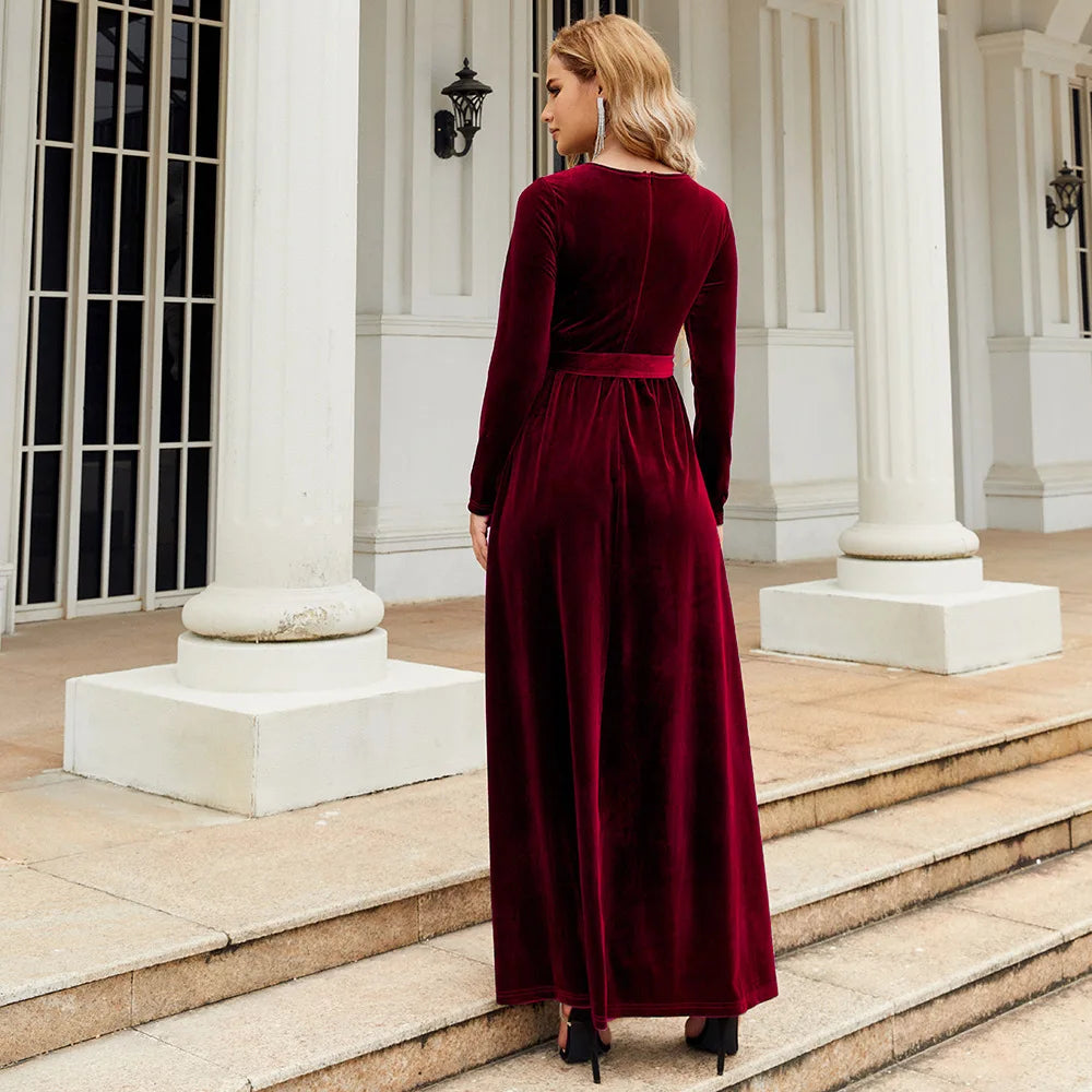 Spring 2025 Elegant Red Long Dress Velvet Solid Color Premium Formal Evening Vestidos Festa Luxo Rojo Maxi Dresses For Women