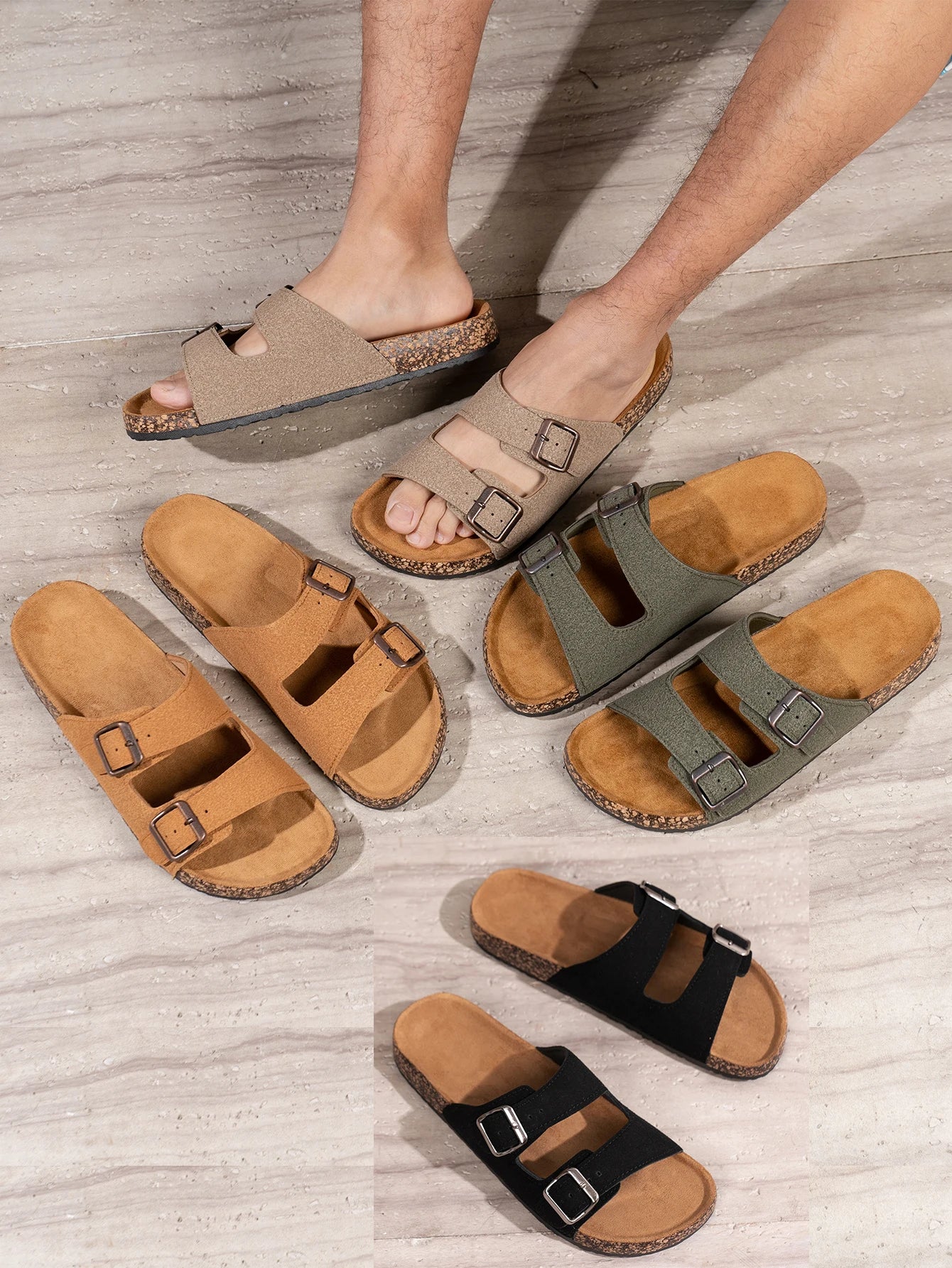 Men's Casual Simple Buckle-Adjustable Pu Upper Double-Bar Beach Flip-Flops Flat-Soled Slip-On Outdoor Home Eva Slippers