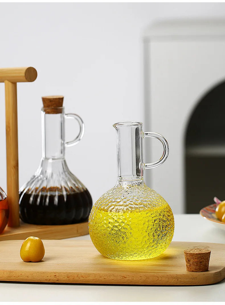 Household 300-350ml Heat-resistant Glass Oil Pot with Wooden Stand, Liquid Seasoning Bottle, Striped Sauce and Vinegar Oil Pot
