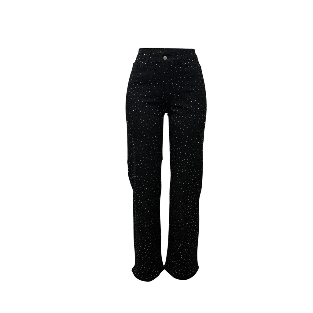 Women's Outfit Featuring Diamond-studded Washed Denim Pants Women's High-waisted Straight-leg Pants, and "hot Girl" Style Pants.