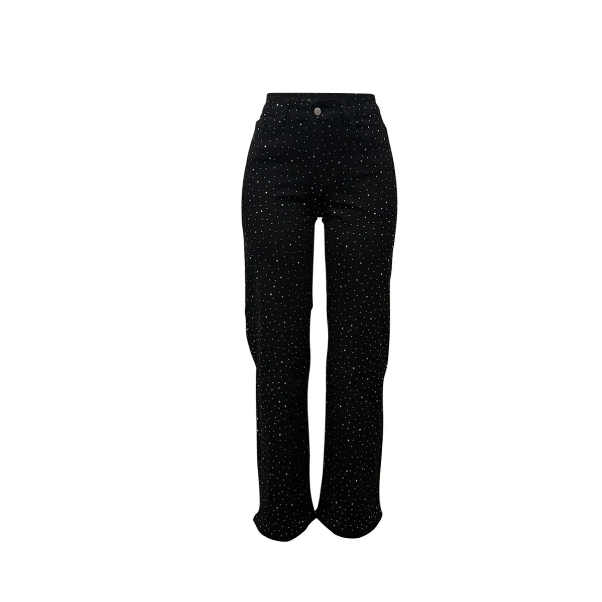 Women's Outfit Featuring Diamond-studded Washed Denim Pants Women's High-waisted Straight-leg Pants, and "hot Girl" Style Pants.