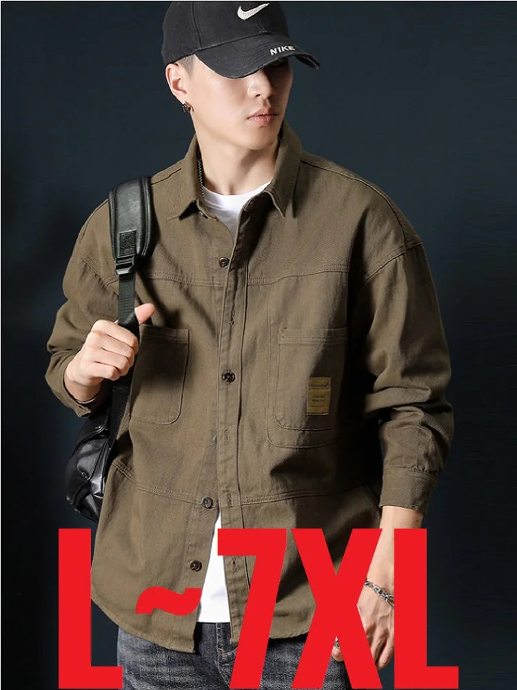 Oversized Men's Long Sleeve 100% Cotton Shirts Male Tops Big Size Fashion Casual Jacket Loose Fit Spring Outwear Plus Large 7XL