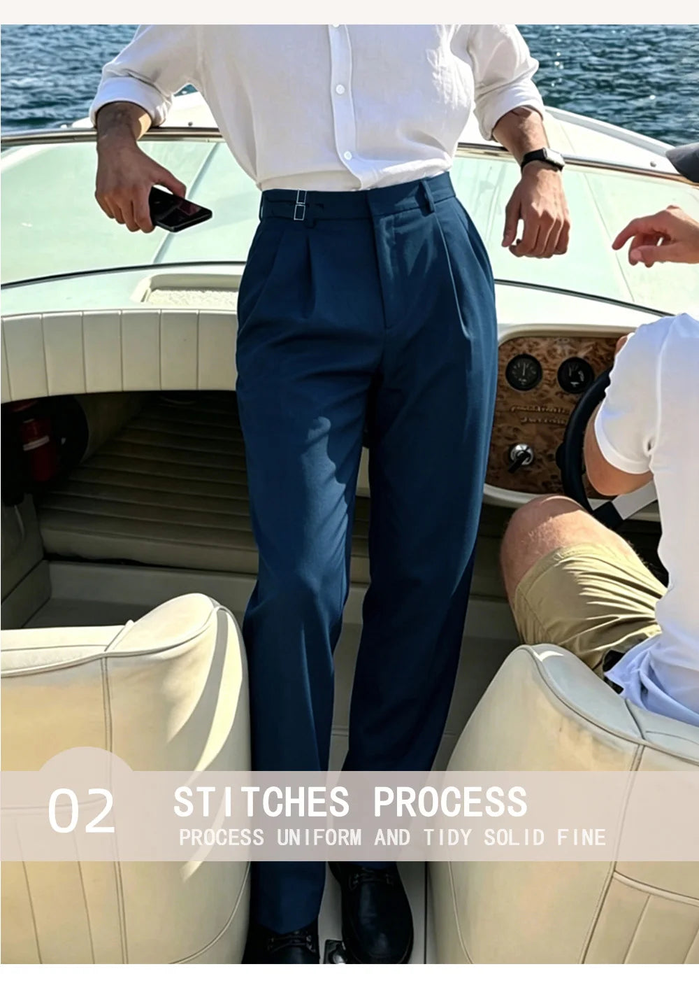 Men’s Solid Color Button Detail Naples Pleated High Waist Wide Leg Suit Pants, New Spring Autumn Elegant Light Business Trousers