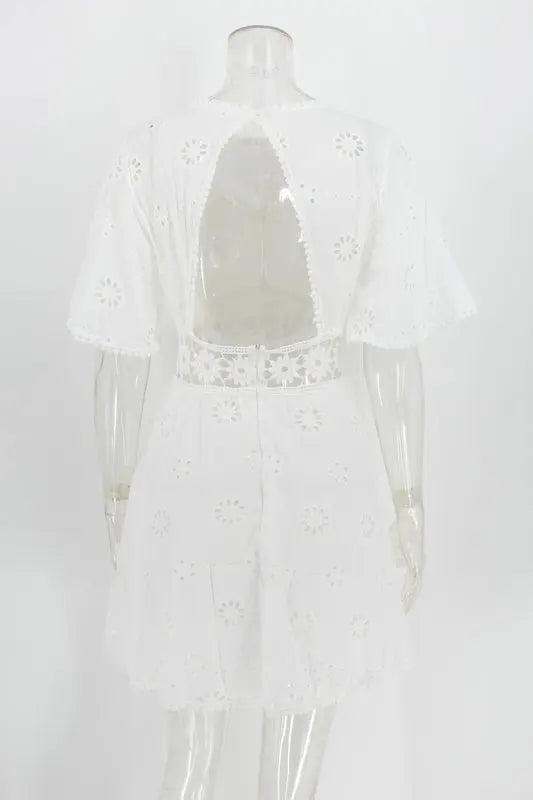WildPinky Flare Sleeve Cotton White Lace Dress Women Casual Ladies Summer High Waist Short Dress Backless Hollow Out Vestidos
