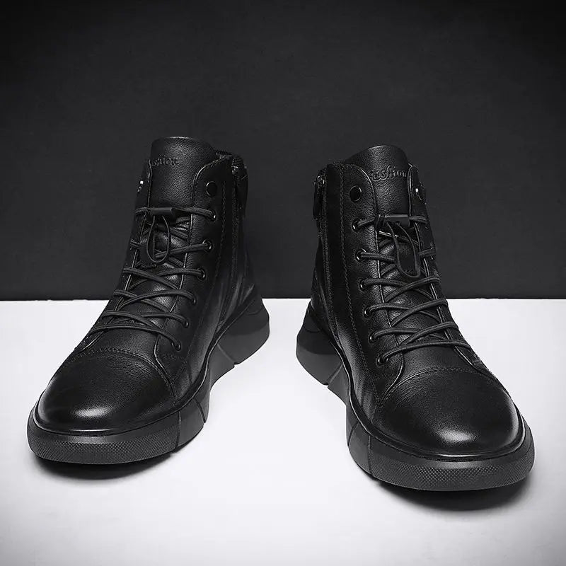 Men's Breathable Leather Casual High Top Leather Shoes Casual Men's Shoes Desert Boots British Style Black Leather Boots - Beauty