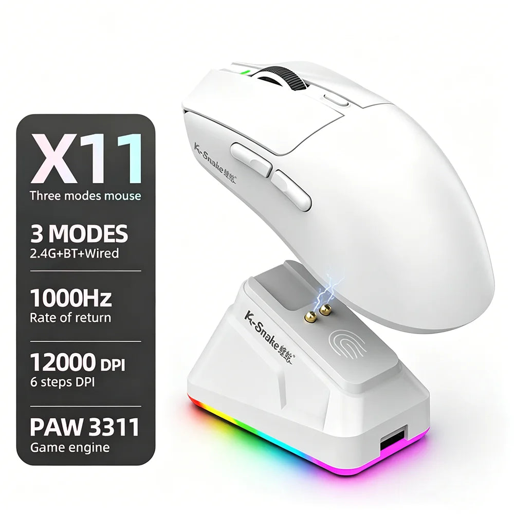 KEBIDUMEI X11 PAW3311 Tri-Mode Wireless Mouse 12000 DPI Gaming Mouse RGB Touch Magnetic Charging Base Bluetooth /2.4G/Wired Mice