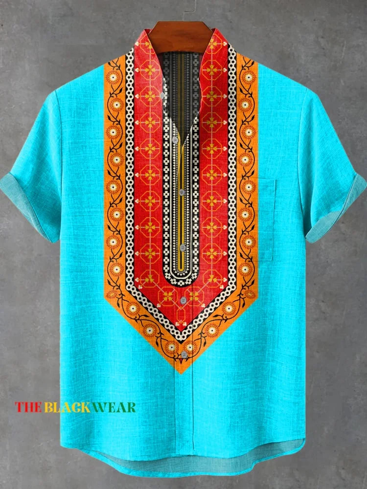New Retro Tribal Totem Pattern Printing men's New Linen Comfortable Fabric short-sleeved Shirt Tribal Ethnic Style Fast Delivery